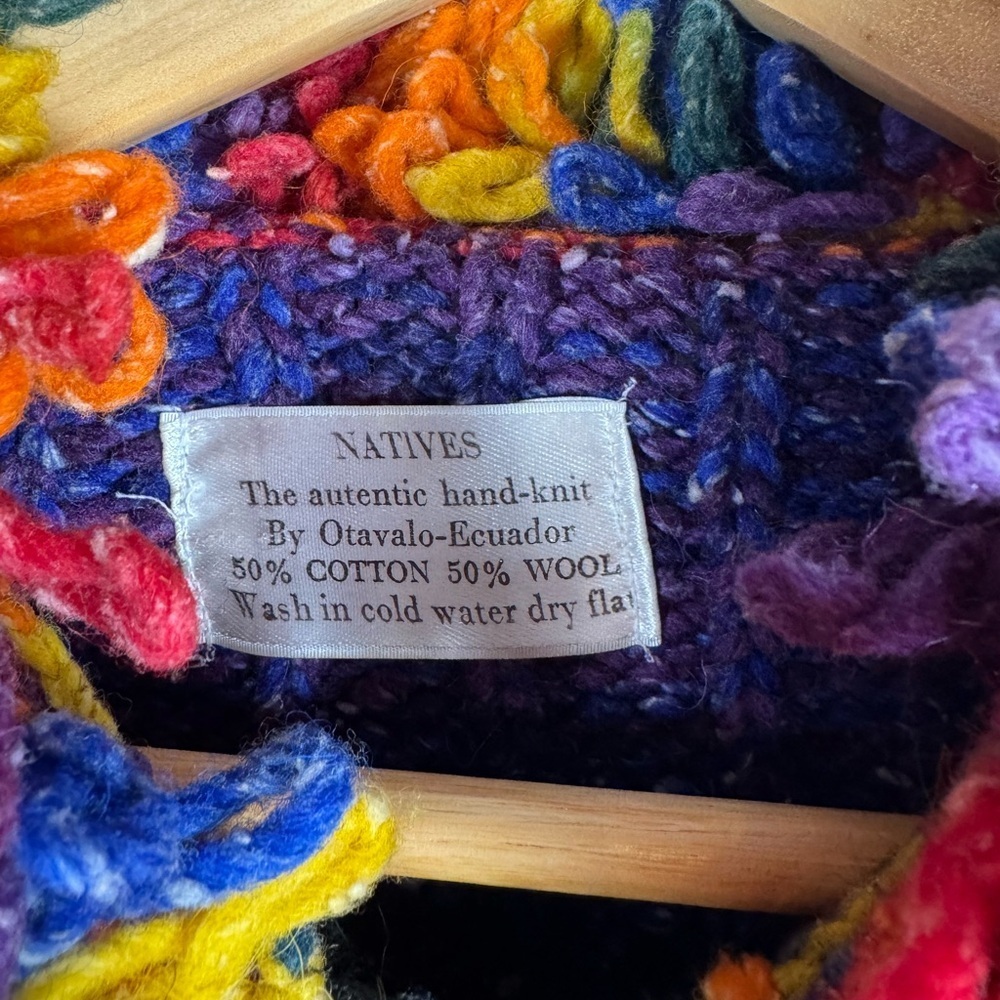 Otavalo Native Handknit Sweater Ecuador Cotton Wool Blend Rainbow Colorful Small - Picture 5 of 9